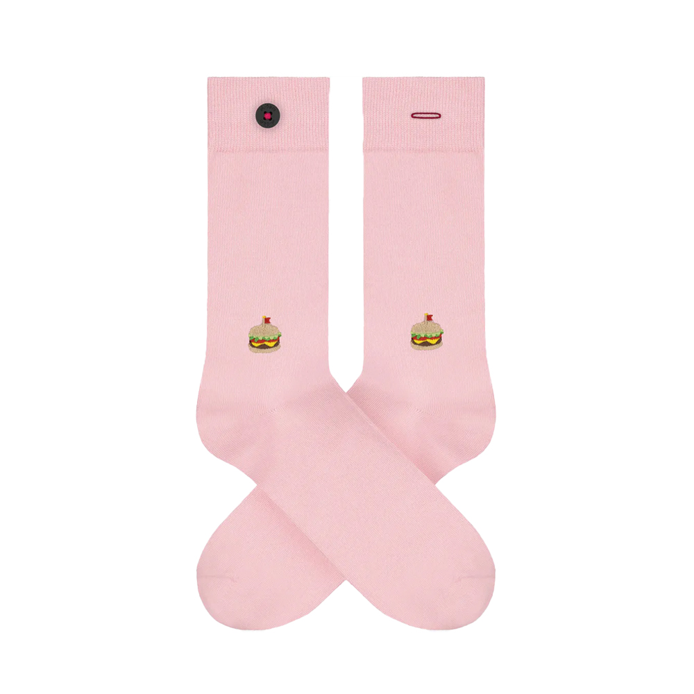 rosa Socken mit Burger Motiv gestickt