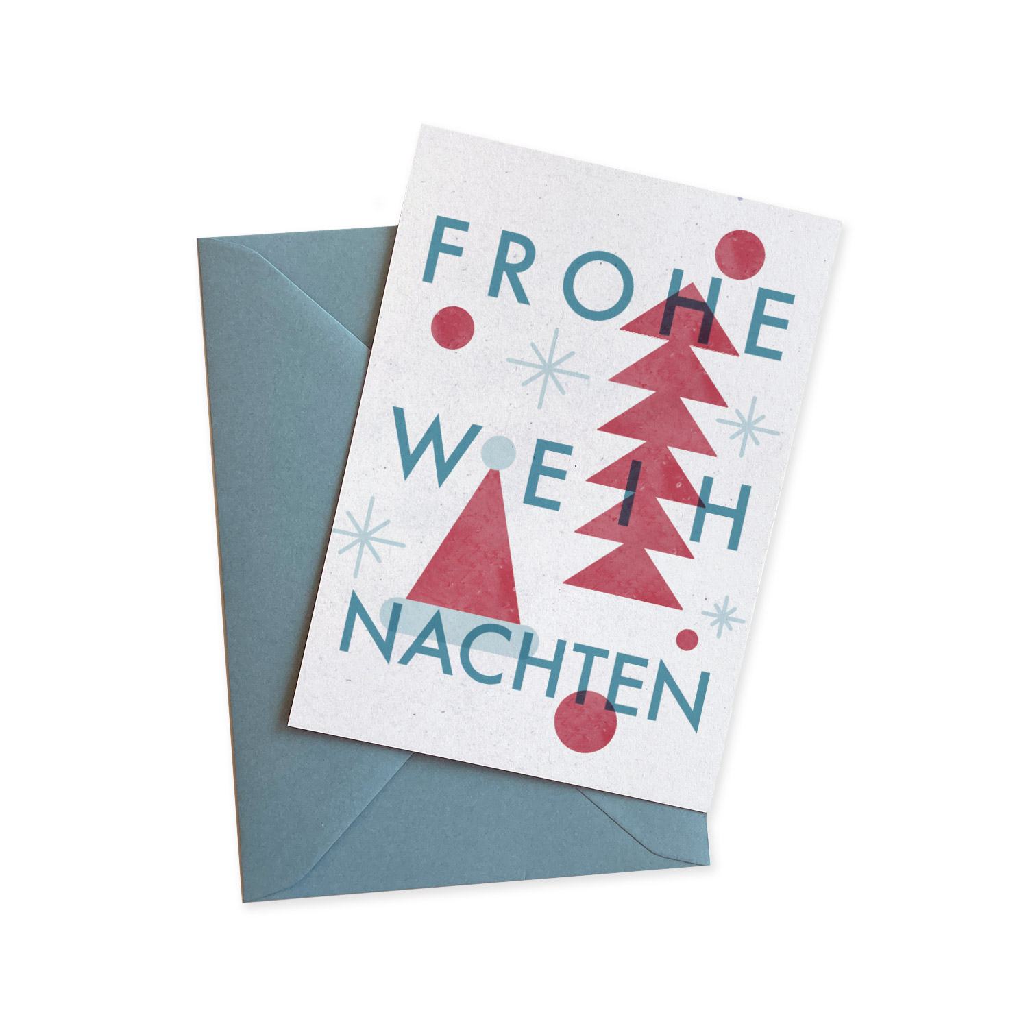 Weihnachtskarte mit Baummotiv und Frohe Weihnachten mit blauem Weihnachtsmotiv